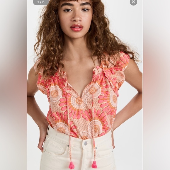 Figue Gianna Pink Ruffle Poplin Top Small Cotton Floral Boho Resort Vacation - Picture 1 of 16